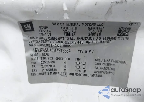 2017 GMC Acadia Sle-2 z USA, uszkodzony, nr VIN 1GKKNSLA6HZ218384